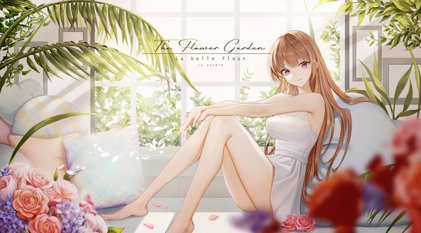 Anime picture 4500x2493 with original chungla single long hair looking at viewer fringe highres smile red eyes brown hair wide image bare shoulders absurdres full body bent knee (knees) blunt bangs barefoot blurry text english