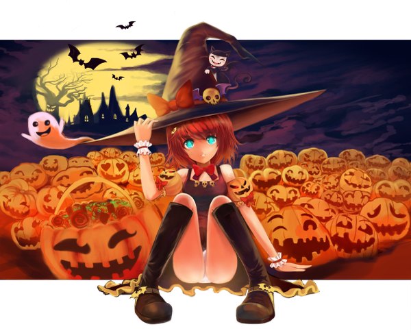 Anime picture 1200x973 with original mg42cat-k1ng short hair blue eyes light erotic smile red hair pantyshot sitting halloween ghost girl plant (plants) hat animal tree (trees) boots thigh boots cat wrist cuffs witch hat