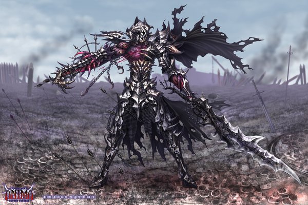 Anime picture 1584x1056 with anima wen-m single standing sky horn (horns) spread arms smoke field animal eyes warrior weapon sword blood chain cloak helmet arrow (arrows) claws thorns