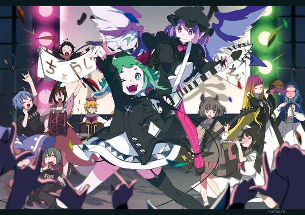 Anime picture 2046x1447 with touhou houjuu nue hijiri byakuren mystia lorelei nazrin tatara kogasa wriggle nightbug murasa minamitsu toramaru shou kasodani kyouko kumoi ichirin futatsuiwa mamizou namauni long hair looking at viewer highres short hair open mouth black hair blonde hair