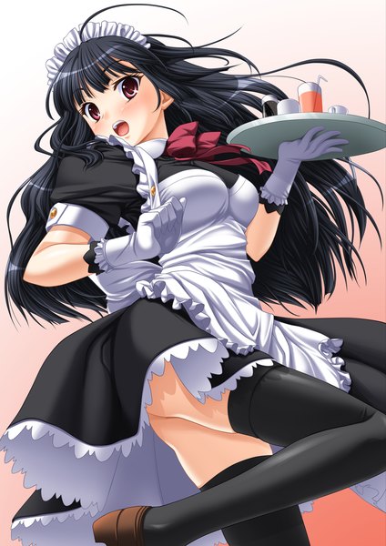 Anime picture 1240x1753 with original yuunagi kanade long hair tall image open mouth light erotic black hair red eyes maid girl thighhighs gloves black thighhighs headdress maid headdress tray