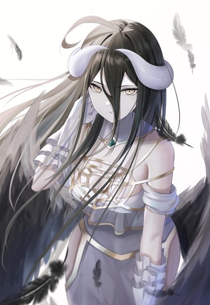 Anime picture 942x1364 with overlord (maruyama) madhouse albedo (overlord) komura hiroto single long hair tall image fringe breasts black hair simple background hair between eyes large breasts standing yellow eyes looking away ahoge horn (horns) leaning leaning forward