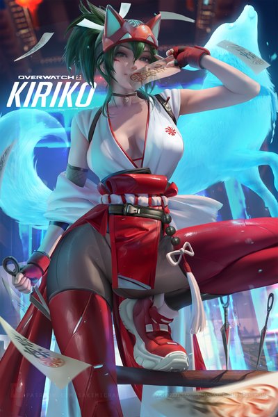 Anime picture 2333x3500 with overwatch blizzard entertainment kiriko (overwatch) sakimichan single tall image looking at viewer fringe highres short hair breasts light erotic hair between eyes standing brown eyes animal ears cleavage bent knee (knees) ponytail arm up