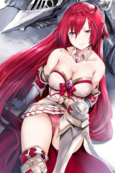 Anime picture 4200x6300 with granblue fantasy godguard brodia hews single tall image looking at viewer fringe highres breasts blue eyes light erotic smile hair between eyes large breasts sitting bare shoulders payot absurdres cleavage red hair