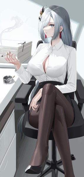 Anime picture 3060x6424 with genshin impact shenhe (genshin impact) re-leaf single long hair tall image looking at viewer fringe highres breasts blue eyes light erotic large breasts sitting holding absurdres cleavage silver hair indoors long sleeves