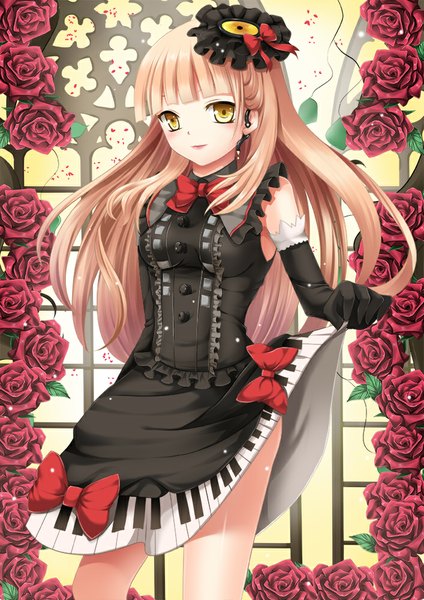 Anime picture 707x1000 with vocaloid toshi (1-147) single long hair tall image looking at viewer blonde hair yellow eyes girl dress gloves flower (flowers) hat elbow gloves rose (roses)