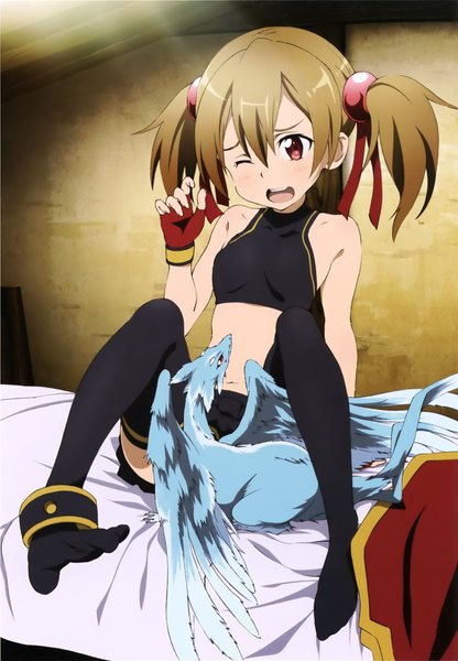 Anime picture 1573x2267 with sword art online a-1 pictures silica pina (sao) sudou tomoko single tall image blush highres short hair open mouth red eyes brown hair twintails absurdres one eye closed wink scan official art loli