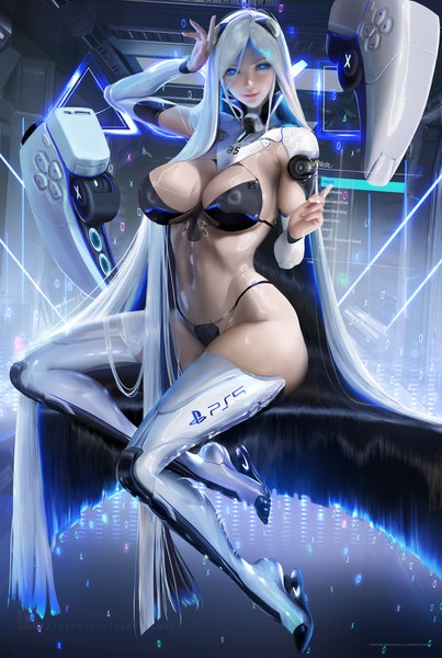 Anime picture 2554x3800 with original sony ps5 chan sakimichan single tall image looking at viewer blush fringe highres blue eyes light erotic black hair hair between eyes sitting full body bent knee (knees) white hair indoors long sleeves