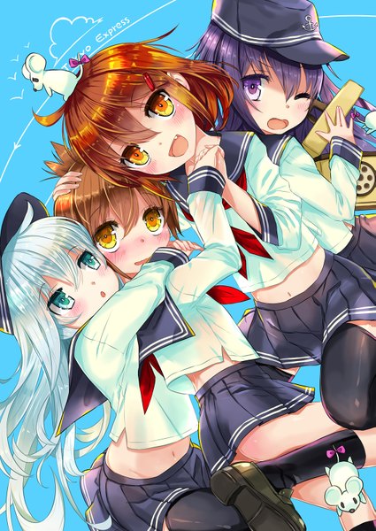 Anime picture 1133x1600 with kantai collection hibiki destroyer akatsuki destroyer inazuma destroyer ikazuchi destroyer kanipanda long hair tall image blush short hair open mouth smile brown hair purple eyes multiple girls yellow eyes purple hair white hair pleated skirt one eye closed