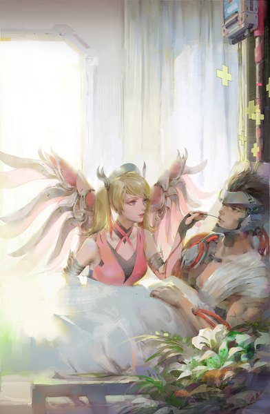 Anime picture 1150x1760 with overwatch blizzard entertainment mercy (overwatch) genji (overwatch) pink mercy blackwatch genji vnug7855 long hair tall image short hair black hair blonde hair twintails purple eyes nail polish reclining mechanical wings feeding girl boy