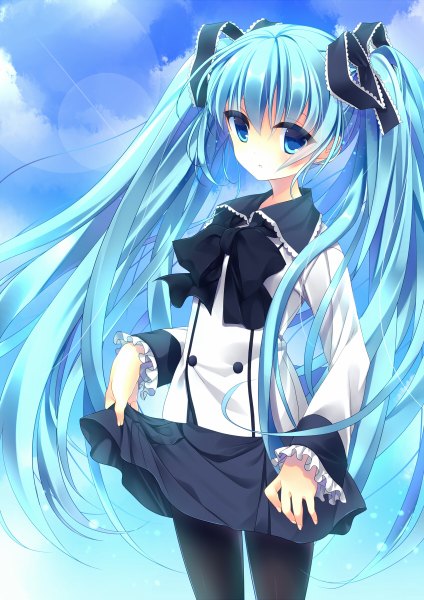 Anime picture 848x1200 with vocaloid hatsune miku nametakenoko single tall image looking at viewer blue eyes twintails cloud (clouds) very long hair aqua hair girl skirt ribbon (ribbons) hair ribbon bowtie