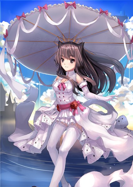 Anime picture 800x1120 with original musynexsk single long hair tall image looking at viewer red eyes brown hair cloud (clouds) girl thighhighs dress gloves white thighhighs elbow gloves umbrella