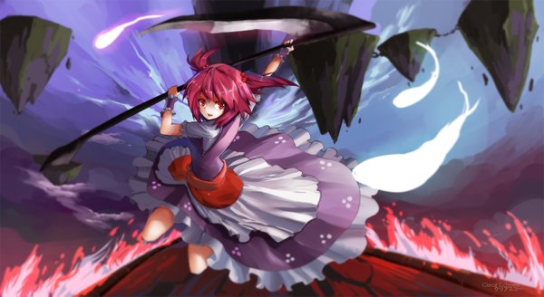 Anime picture 1600x877 with touhou onozuka komachi clearechoes single looking at viewer short hair open mouth red eyes wide image signed red hair two side up girl dress scythe
