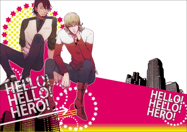 Anime picture 1257x890 with tiger & bunny sunrise (studio) kaburagi t. kotetsu barnaby brooks jr. nyau (artist) short hair blonde hair brown hair sitting arm support sweat dark skin sweatdrop boy glasses jacket boots star (symbol) building (buildings) pants