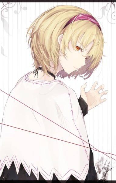 Anime picture 1719x2697 with touhou alice margatroid marumoru single tall image looking at viewer highres short hair blonde hair upper body long sleeves looking back fingernails from behind orange eyes letterboxed striped striped background girl choker