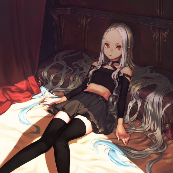 Anime picture 2048x2048 with original jun (seojh1029) single looking at viewer highres red eyes bare shoulders white hair very long hair midriff zettai ryouiki reclining expressionless knees together feet apart girl thighhighs skirt black thighhighs pillow black skirt