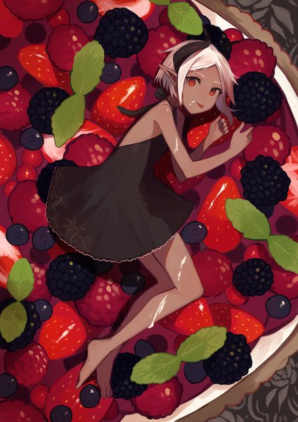 Anime picture 1447x2048 with original shibainu single tall image looking at viewer short hair red eyes bare shoulders full body white hair lying barefoot horn (horns) pointy ears dark skin halterneck minigirl girl dress food