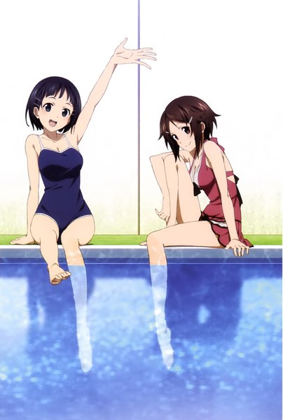 Anime picture 1521x2260 with sword art online a-1 pictures kirigaya suguha lisbeth nakamura naoto tall image looking at viewer short hair open mouth light erotic black hair smile brown hair sitting multiple girls brown eyes black eyes scan official art girl