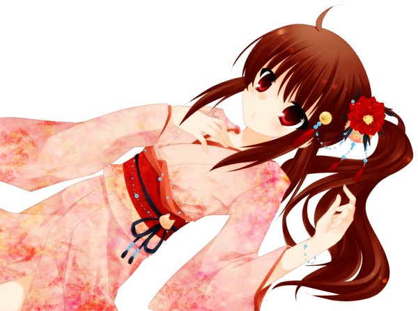 Anime picture 1000x746 with little busters! key (studio) natsume rin single long hair simple background red eyes brown hair white background ponytail japanese clothes hair flower girl hair ornament kimono obi