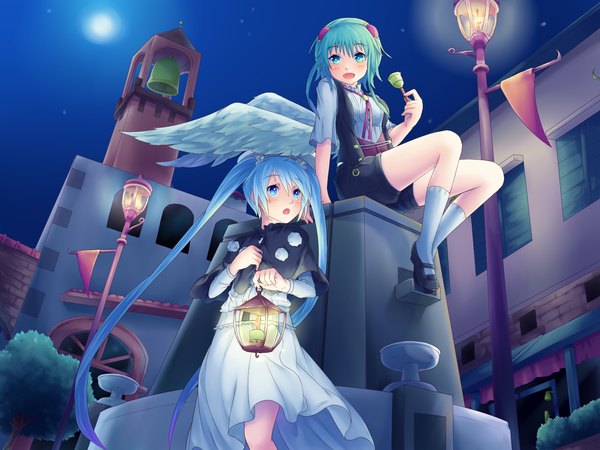 Anime-Bild 1600x1200 mit vocaloid hatsune miku gumi sakakidani blush short hair open mouth blue eyes sitting twintails multiple girls green eyes blue hair very long hair green hair night girl dress 2 girls wings