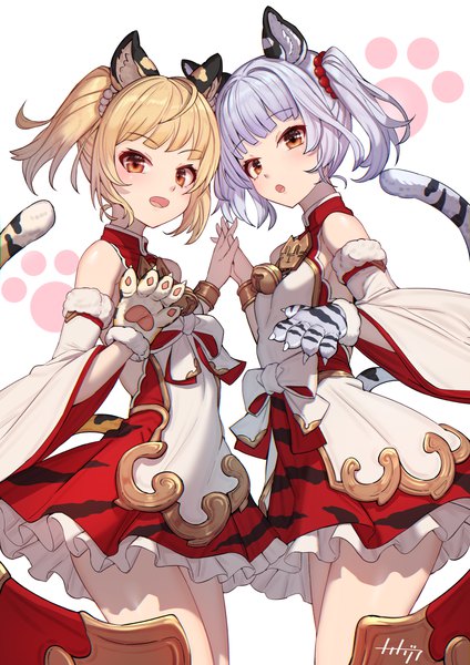 Anime picture 2894x4093 with granblue fantasy bai (granblue fantasy) cidala (granblue fantasy) huang (granblue fantasy) arpeggio kaga tall image looking at viewer highres short hair open mouth blonde hair white background twintails multiple girls animal ears silver hair tail :d animal tail orange eyes