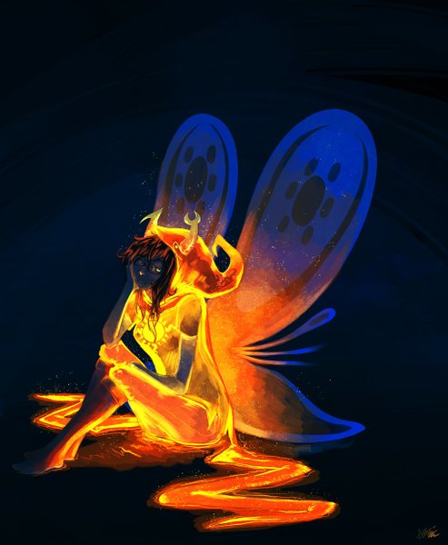 Anime picture 1024x1245 with homestuck vriska serket single tall image simple background sitting signed horn (horns) arm support glowing dark background glowing eye (eyes) insect wings butterfly wings girl wings boots thigh boots bodysuit fire