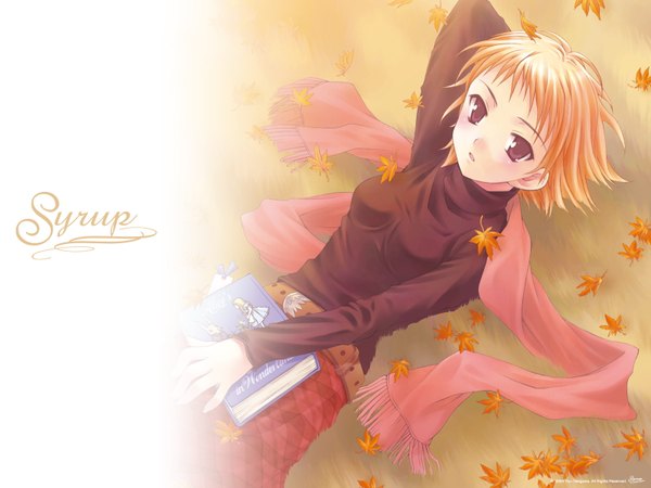 Anime picture 1600x1200 with takigawa yuu single looking at viewer highres short hair brown eyes lying on back girl scarf book (books) leaf (leaves) turtleneck