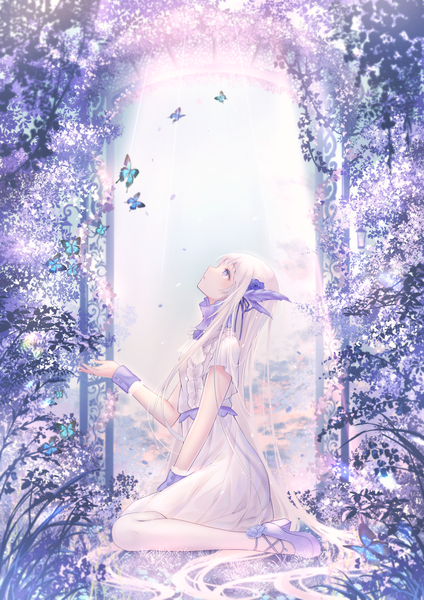 Anime picture 1200x1697 with original haruhitooo single tall image fringe sitting purple eyes silver hair full body very long hair profile arm up hair flower sunlight high heels wariza looking up girl dress flower (flowers)