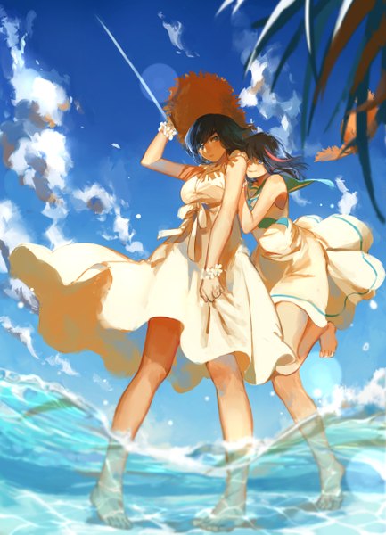 Anime picture 1809x2503 with kill la kill studio trigger matoi ryuuko kiryuuin satsuki allenkung1 tall image highres short hair blue eyes black hair smile multiple girls sky cloud (clouds) multicolored hair barefoot two-tone hair streaked hair girl dress