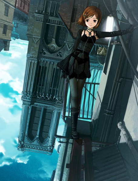 Anime picture 723x950 with original yoshida seiji single tall image short hair breasts light erotic brown hair looking away sky cloud (clouds) flat chest architecture gothic girl thighhighs dress gloves hair ornament underwear