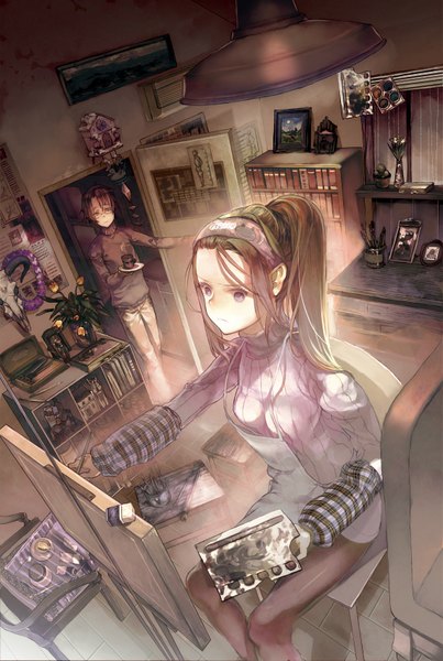 Anime picture 571x850 with original leiror (pixiv) long hair tall image fringe short hair brown hair sitting purple eyes ponytail drawing girl book (books) shelf bookshelf plate room picture