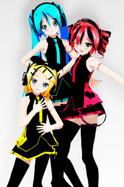 Anime picture 2000x3000 with vocaloid utau hatsune miku kagamine rin kasane teto long hair tall image looking at viewer blush fringe highres open mouth blue eyes simple background smile red eyes twintails multiple girls brown eyes bent knee (knees)