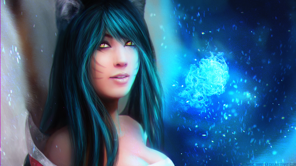 Anime picture 1920x1080 with league of legends ahri (league of legends) magicnaanavi single long hair looking at viewer blush highres breasts open mouth black hair wide image large breasts bare shoulders animal ears yellow eyes cleavage tail animal tail light smile
