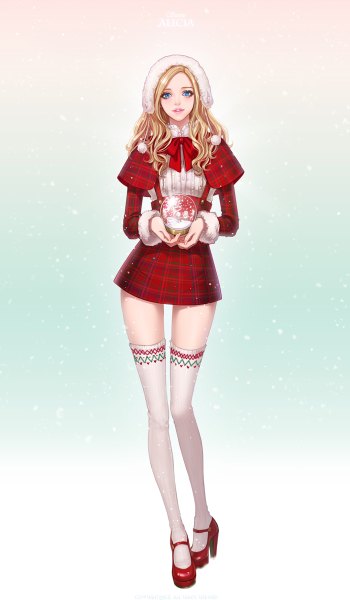 Anime picture 700x1200 with cyphers alicia (cyphers) eliz7 single long hair tall image blue eyes blonde hair smile standing holding full body high heels plaid skirt snowing snow thighhighs boy skirt bow