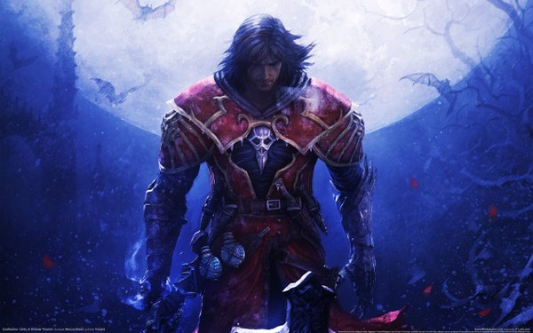 Anime picture 2560x1600 with castlevania castlevania: lords of shadow konami gabriel belmont highres short hair black hair wide image night cold boy petals armor moon bat