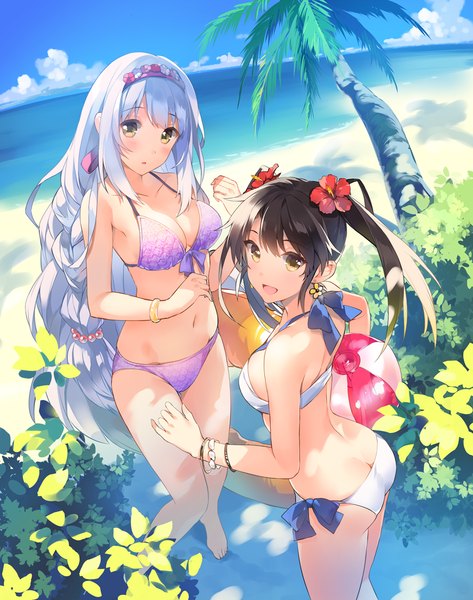 Anime picture 900x1142 with kantai collection shoukaku aircraft carrier zuikaku aircraft carrier tousaki umiko long hair tall image blush fringe breasts open mouth light erotic black hair smile large breasts standing twintails bare shoulders multiple girls holding yellow eyes