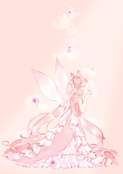 Anime picture 1034x1462 with bishoujo senshi sailor moon toei animation chibiusa princess usagi small lady mochikaga single tall image twintails holding pink hair eyes closed very long hair profile from behind hair bun (hair buns) kneeling pink background girl dress flower (flowers)