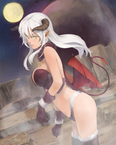 Anime picture 960x1200 with original kuroko (piii) single long hair tall image looking at viewer light erotic yellow eyes cleavage white hair tail horn (horns) pointy ears night demon girl demon tail demon wings girl gloves navel