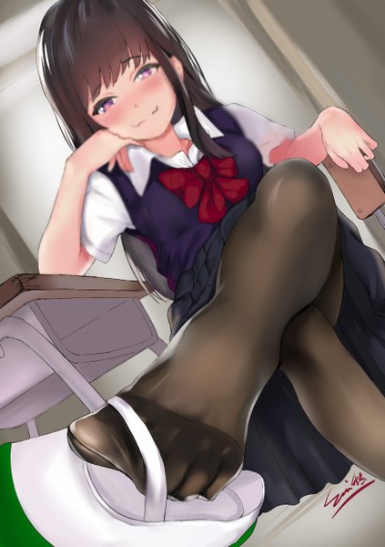Anime picture 1748x2480 with original sui (aa6281809) single long hair tall image looking at viewer blush fringe highres light erotic black hair sitting signed payot indoors pleated skirt pink eyes blurry dutch angle crossed legs