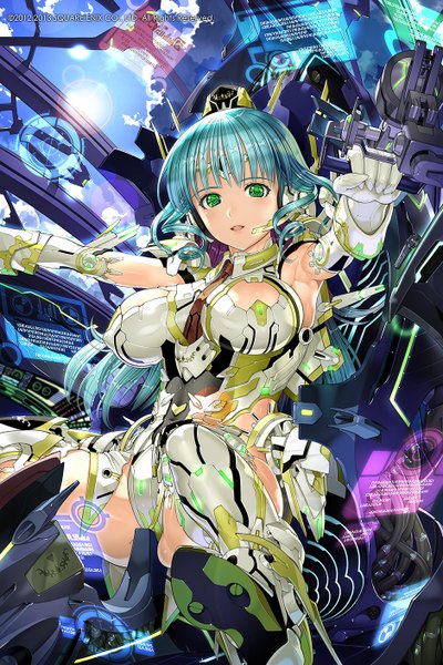 Anime picture 940x1410 with original nakabayashi reimei single long hair tall image looking at viewer blush breasts open mouth light erotic large breasts green eyes blue hair mechanical girl bodysuit