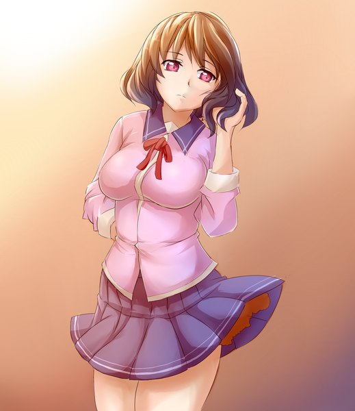 Anime picture 1600x1850 with bakemonogatari shaft (studio) monogatari (series) hanekawa tsubasa kuangye jiqing single tall image fringe short hair breasts light erotic simple background brown hair standing looking away pleated skirt pink eyes gradient background adjusting hair arm behind back