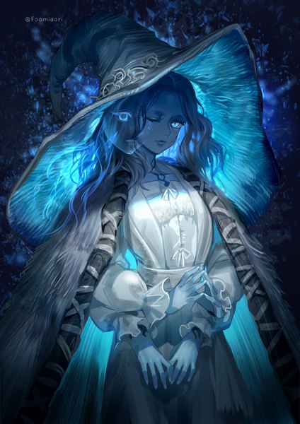 Anime picture 1000x1414 with elden ring ranni the witch midori foo single long hair tall image blue eyes standing signed blue hair one eye closed twitter username wavy hair fingers together blue skin extra arms girl hat witch hat