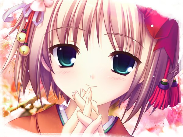 Anime picture 1600x1200 with single blush short hair brown hair green eyes japanese clothes close-up hair bell ribbon (ribbons) kimono bell