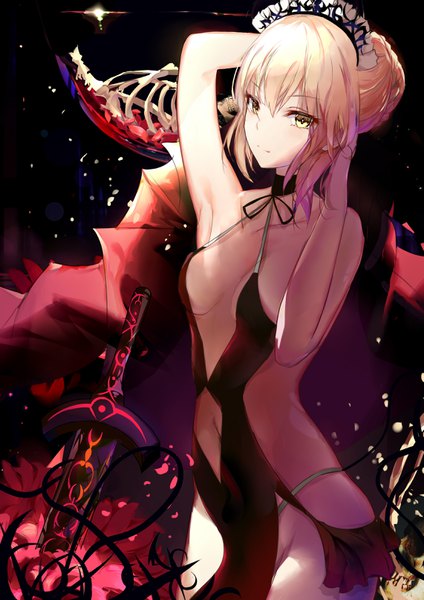 Anime picture 2282x3226 with fate (series) fate/grand order artoria pendragon (all) artoria pendragon (alter swimsuit rider) (fate) eien no juu nana-sa single tall image looking at viewer fringe highres short hair breasts light erotic blonde hair simple background hair between eyes bare shoulders yellow eyes payot braid (braids)
