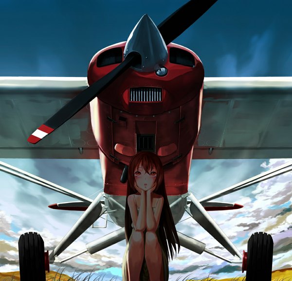 Anime picture 1000x963 with original throtem long hair blush open mouth brown hair sitting sky cloud (clouds) pink eyes looking up girl dress sundress aircraft airplane