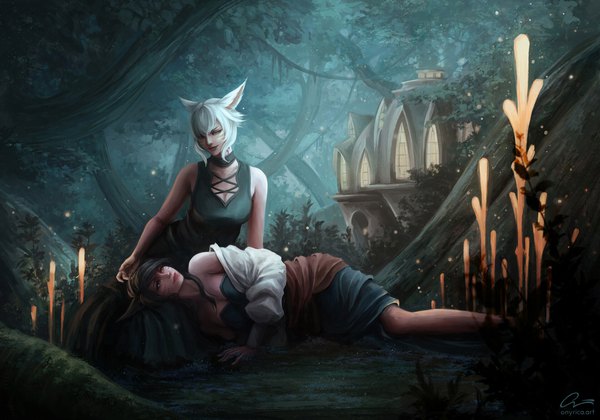 Anime picture 1920x1344 with final fantasy final fantasy xiv square enix miqo'te y'shtola rhul onyrica long hair highres short hair blue eyes black hair sitting bare shoulders multiple girls brown eyes signed animal ears outdoors white hair lying