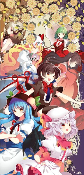 イラスト 480x1000 と 東方 レミリア・スカーレット 比那名居天子 風見幽香 蓬莱山輝夜 封獣ぬえ 豊聡耳神子 綿月豊姫 オ-ド 長髪 長身像 赤面 短い髪 開いた口 金髪 笑顔 茶色の髪 multiple girls 茶目 黄色眼