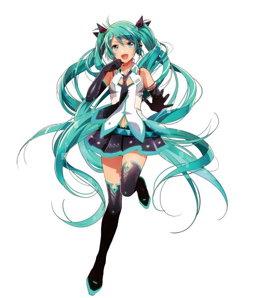 Anime picture 1038x1200 with vocaloid hatsune miku murakami yuichi single tall image looking at viewer open mouth simple background white background twintails very long hair aqua eyes aqua hair girl skirt gloves miniskirt black gloves necktie elbow gloves