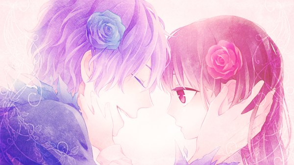Anime picture 1280x720 with ib (game) garry (ib) ib (ib) long hair short hair open mouth red eyes brown hair wide image purple hair eyes closed profile hair flower couple face to face girl boy hair ornament rose (roses) blue rose