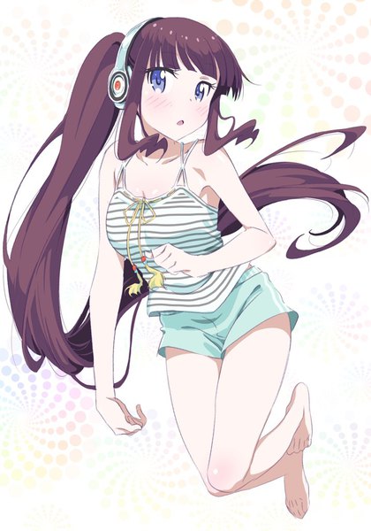 Anime picture 717x1024 with new game! doga kobo takimoto hifumi pink x single tall image blush fringe blue eyes brown hair bare shoulders payot full body ponytail blunt bangs very long hair barefoot jumping girl shorts